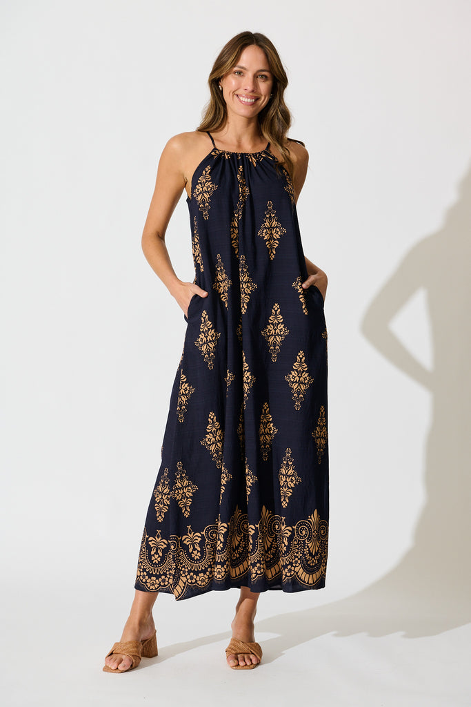 Tansy Maxi Dress in Navy with Tan Boho Linen Blend full length