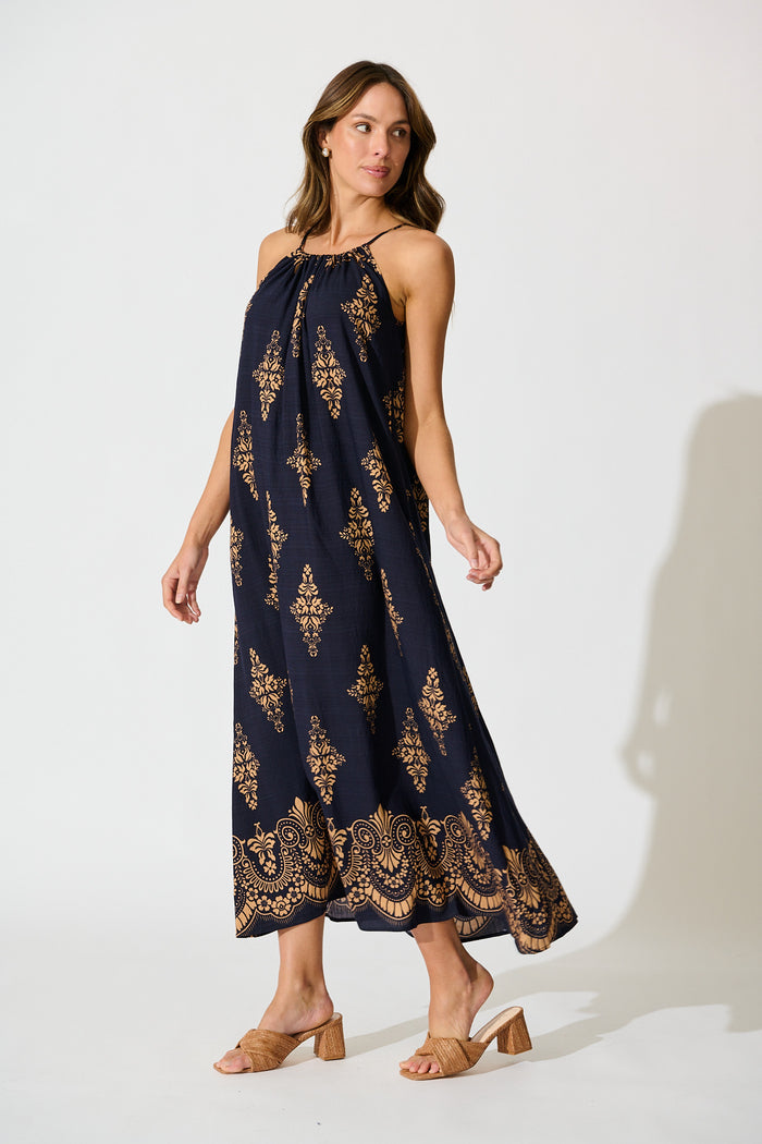 Tansy Maxi Dress in Navy with Tan Boho Linen Blend side