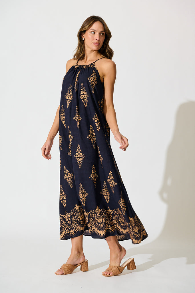 Tansy Maxi Dress in Navy with Tan Boho Linen Blend side