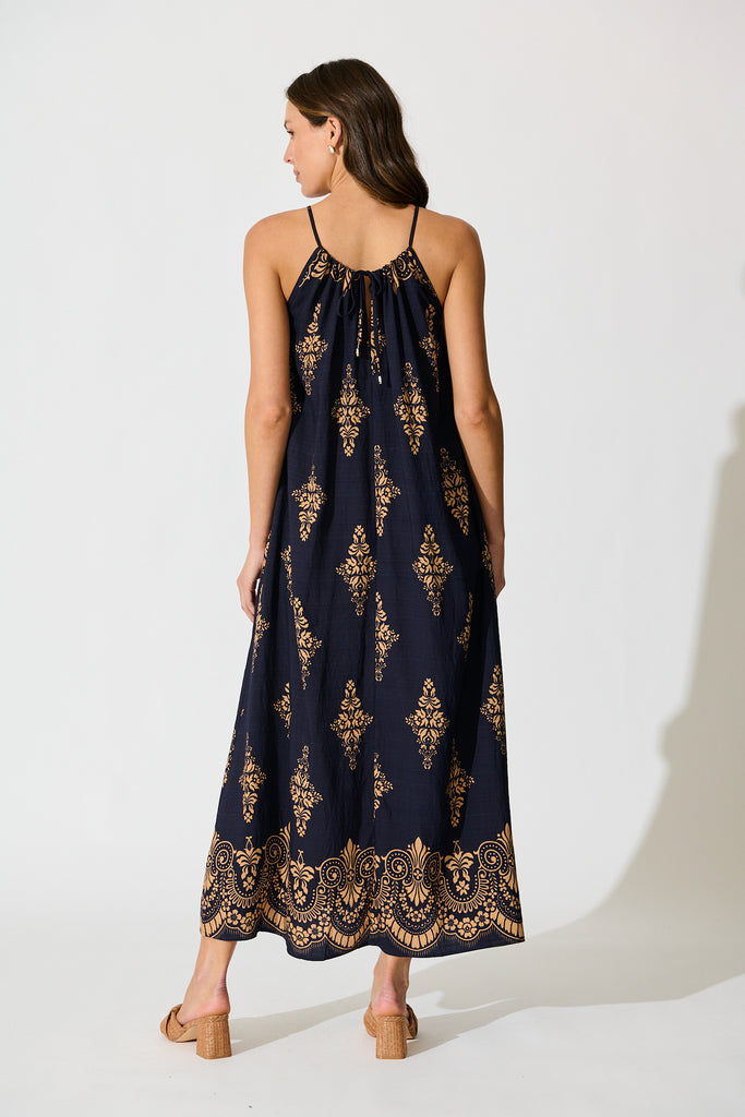 Tansy Maxi Dress in Navy with Tan Boho Linen Blend back