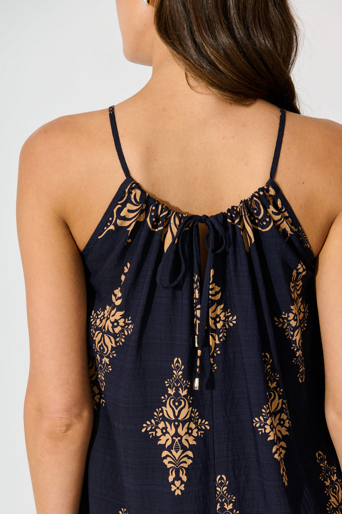 Tansy Maxi Dress in Navy with Tan Boho Linen Blend detail