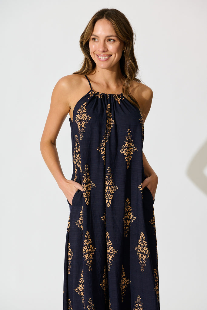 Tansy Maxi Dress in Navy with Tan Boho Linen Blend front
