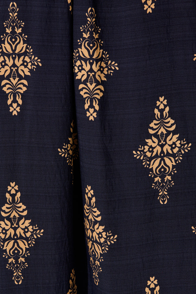 Tansy Maxi Dress in Navy with Tan Boho Linen Blend fabric