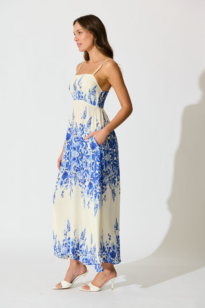 Lulea Maxi Sundress in White with Blue Floral Linen Blend side