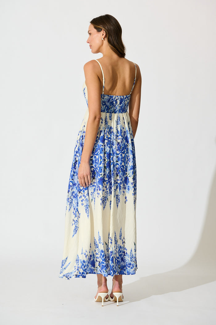 Lulea Maxi Sundress in White with Blue Floral Linen Blend back