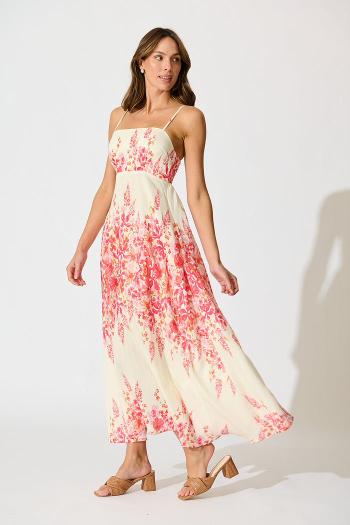 Lulea Maxi Sundress in White with Pink Floral Linen Blend side