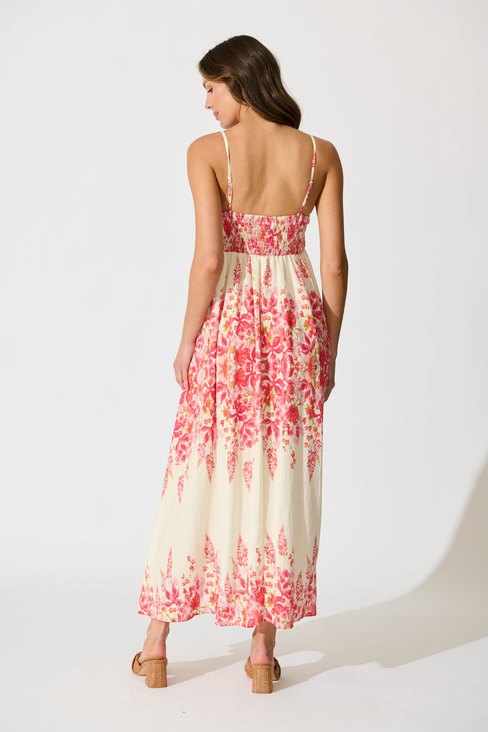 Lulea Maxi Sundress in White with Pink Floral Linen Blend back
