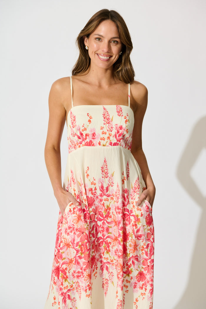 Lulea Maxi Sundress in White with Pink Floral Linen Blend front