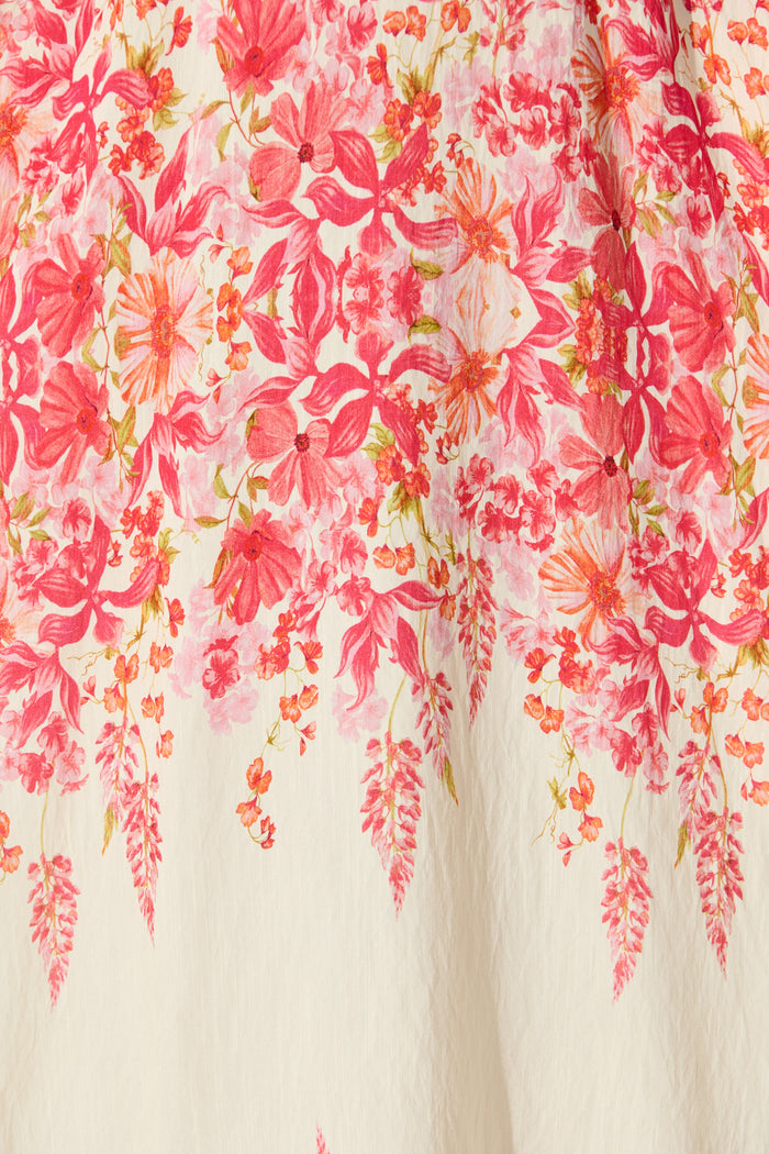 Lulea Maxi Sundress in White with Pink Floral Linen Blend fabric