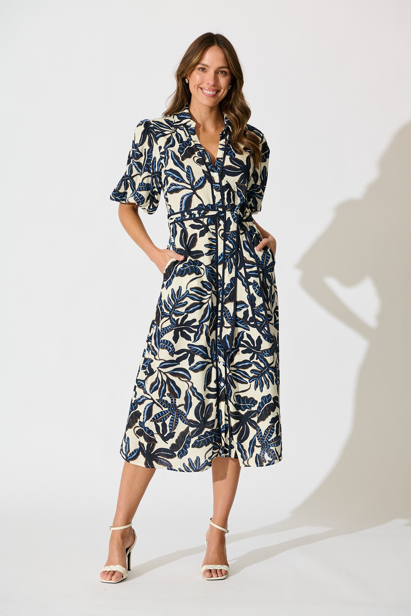 Libra Midi Shirt Dress in Navy and Cream Leaf Linen Blend full length