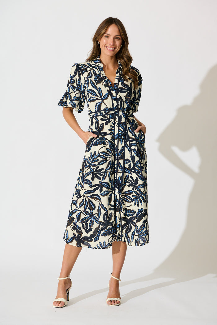 Libra Midi Shirt Dress in Navy and Cream Leaf Linen Blend full length