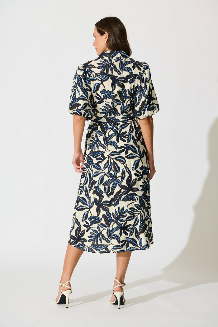 Libra Midi Shirt Dress in Navy and Cream Leaf Linen Blend back