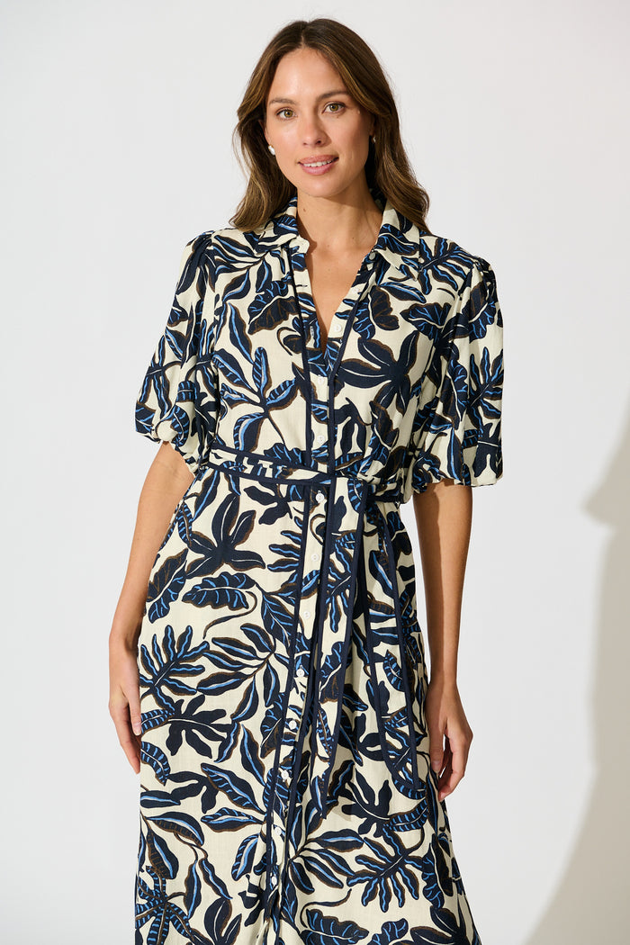 Libra Midi Shirt Dress in Navy and Cream Leaf Linen Blend front