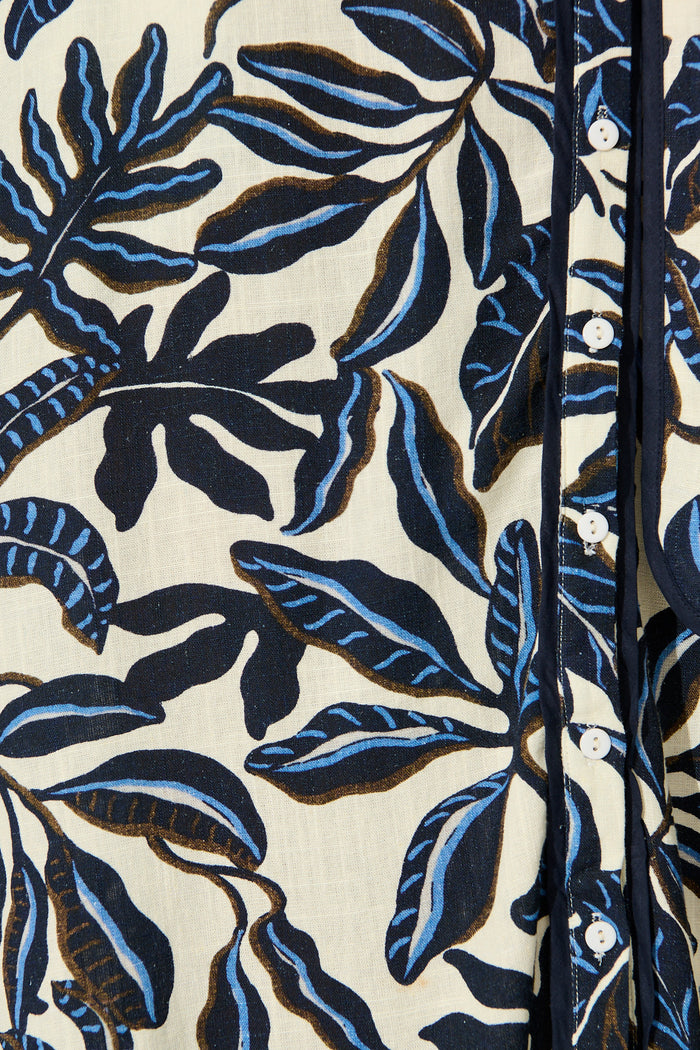 Libra Midi Shirt Dress in Navy and Cream Leaf Linen Blend fabric