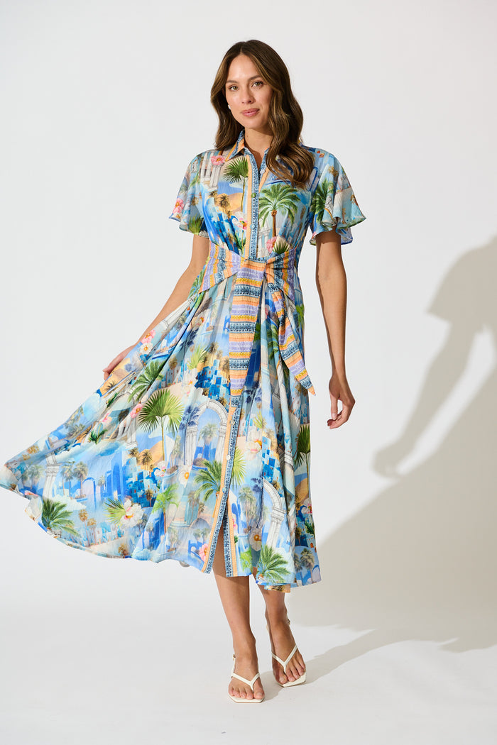 Eulalia Midi Dress in Blue Multi Print full length