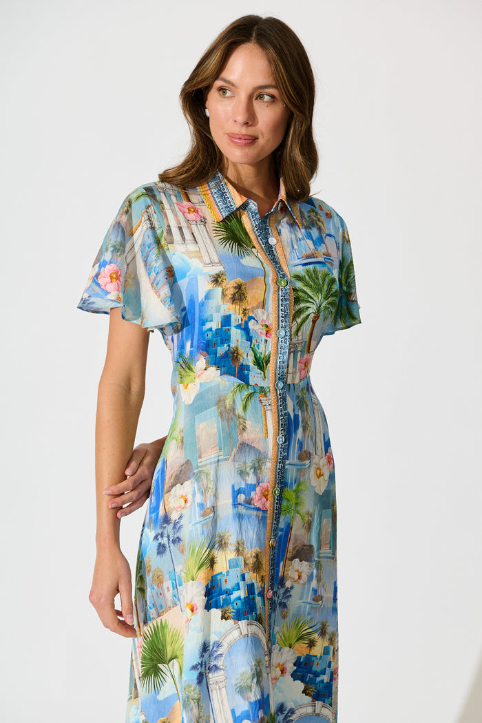 Eulalia Midi Dress in Blue Multi Print front