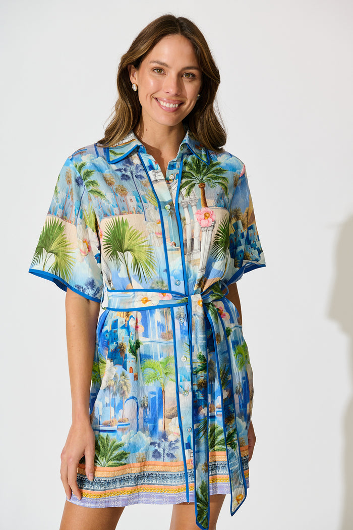 Lila Shirt Dress in Blue Multi Print front