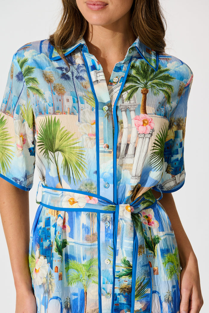 Lila Shirt Dress in Blue Multi Print detail