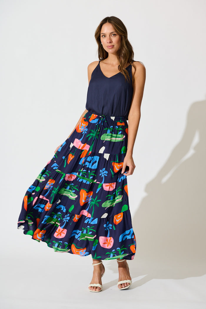 Amadi Maxi Skirt in Navy with Multi Print full length