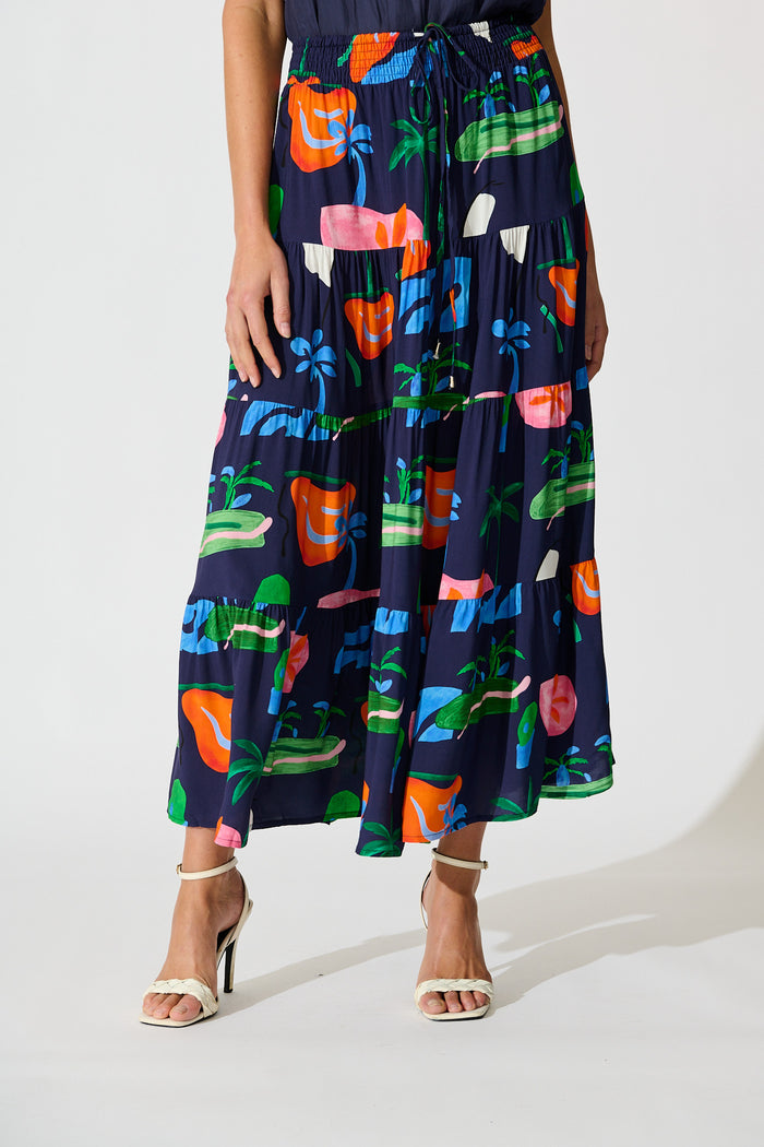 Amadi Maxi Skirt in Navy with Multi Print front