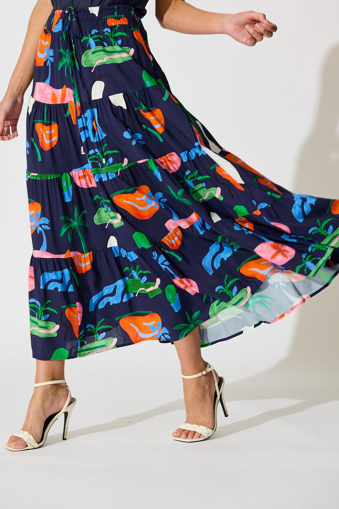 Amadi Maxi Skirt in Navy with Multi Print side