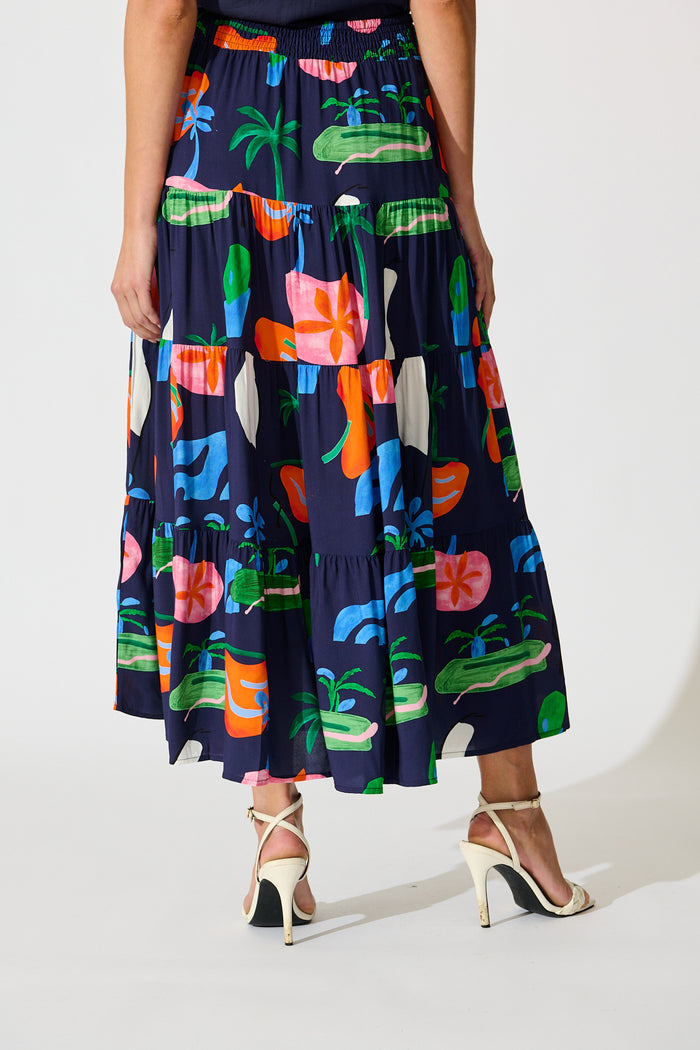 Amadi Maxi Skirt in Navy with Multi Print back