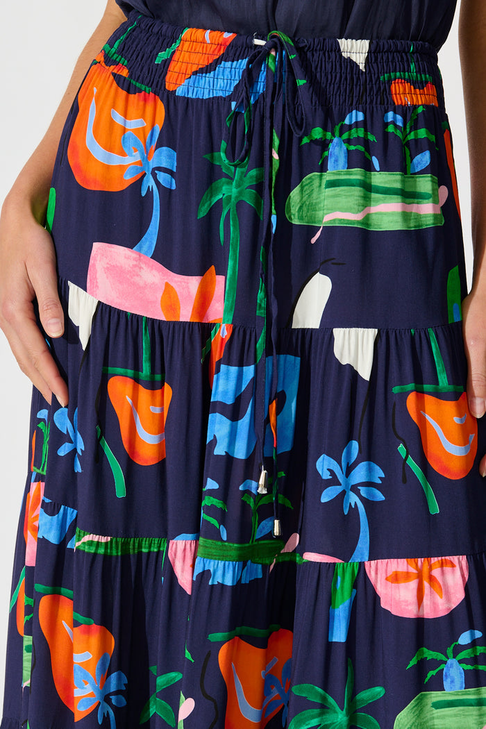 Amadi Maxi Skirt in Navy with Multi Print detail