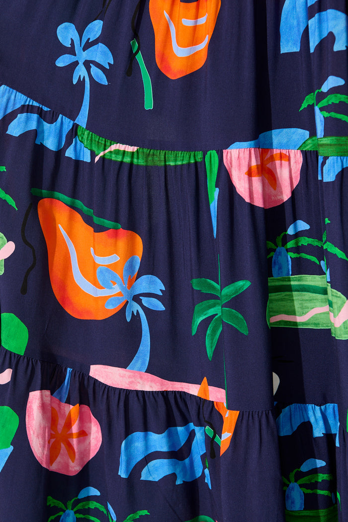 Amadi Maxi Skirt in Navy with Multi Print fabric