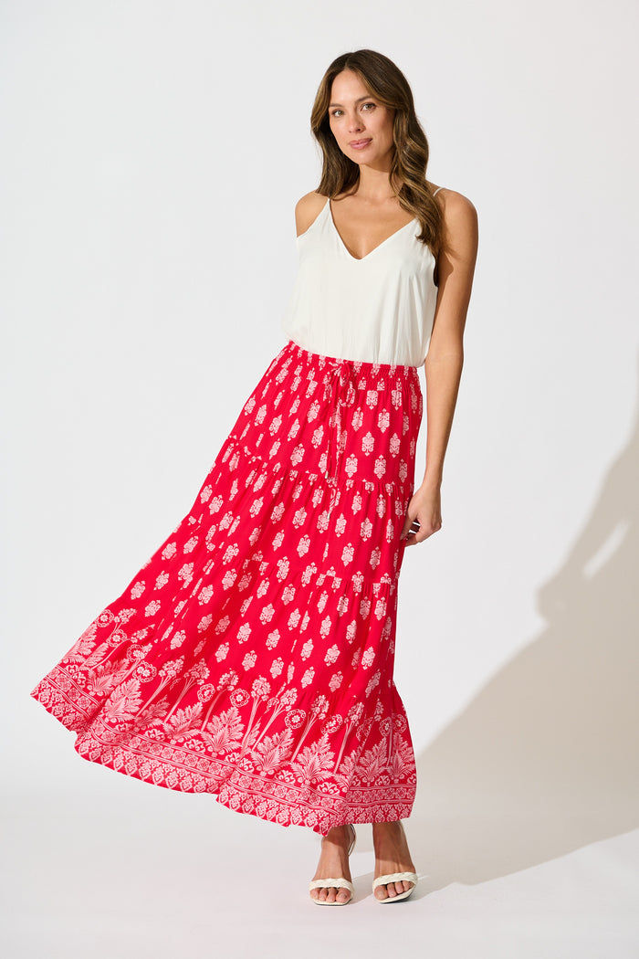 Amadi Skirt Maxi Skirt in Red with Pink Boho Print full length