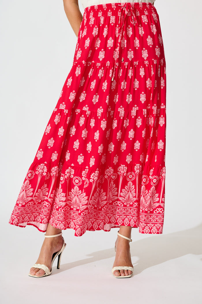 Amadi Skirt Maxi Skirt in Red with Pink Boho Print front