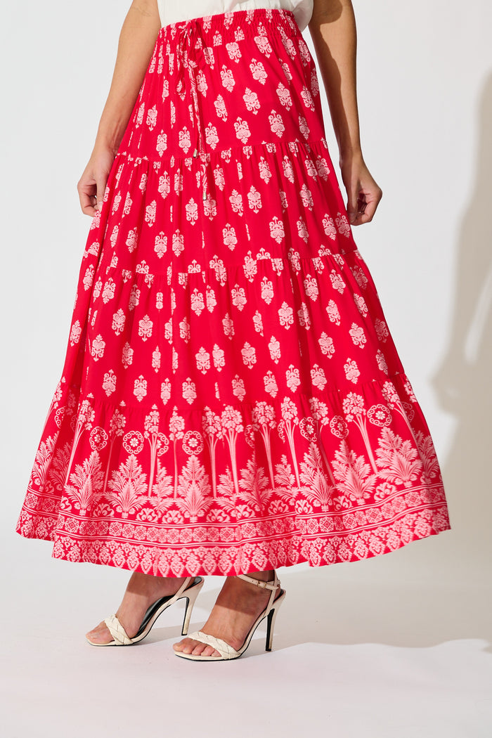 Amadi Skirt Maxi Skirt in Red with Pink Boho Print side