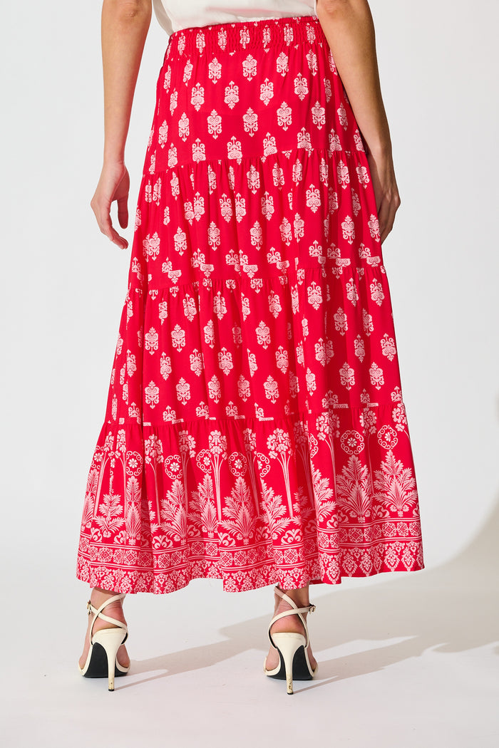 Amadi Skirt Maxi Skirt in Red with Pink Boho Print back