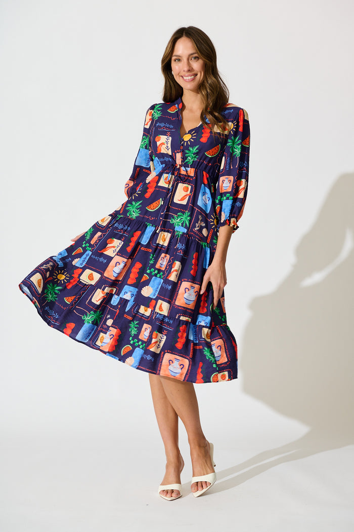 Louisana Midi Dress in Navy Multi Print full length