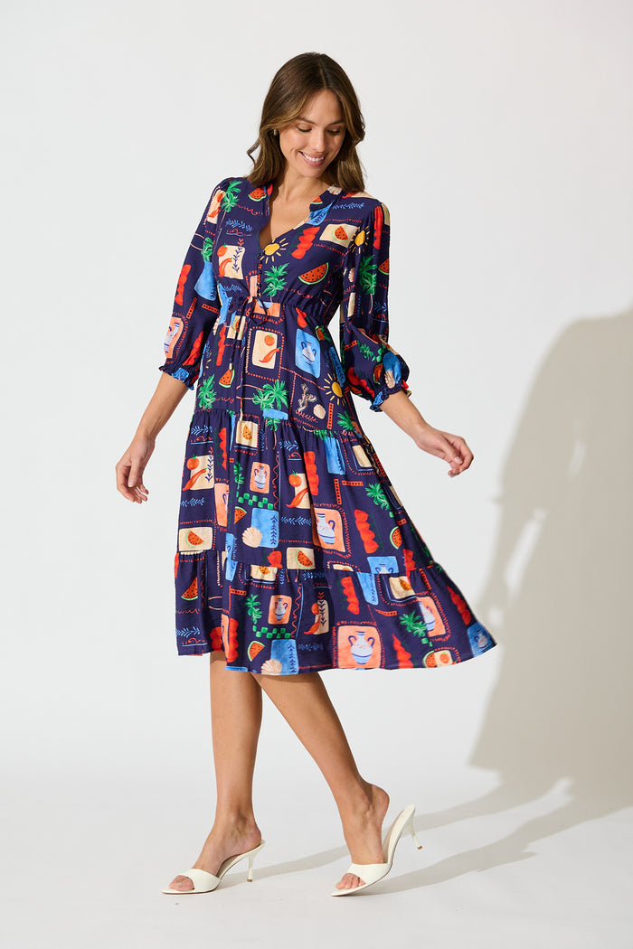Louisana Midi Dress in Navy Multi Print side