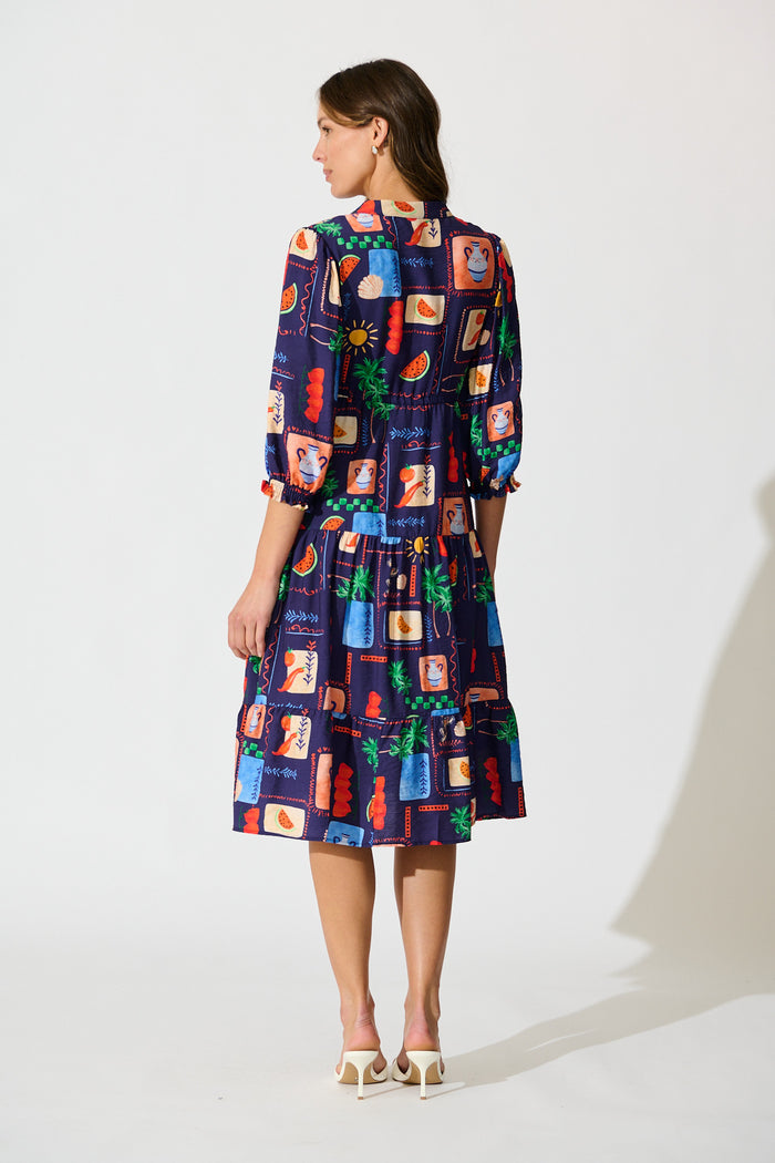 Louisana Midi Dress in Navy Multi Print back