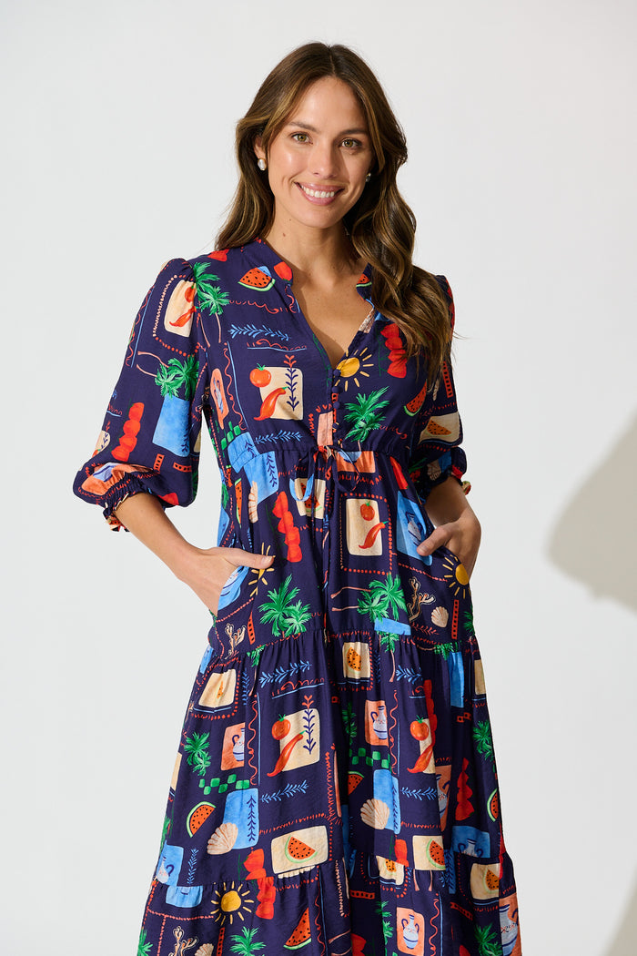 Louisana Midi Dress in Navy Multi Print front