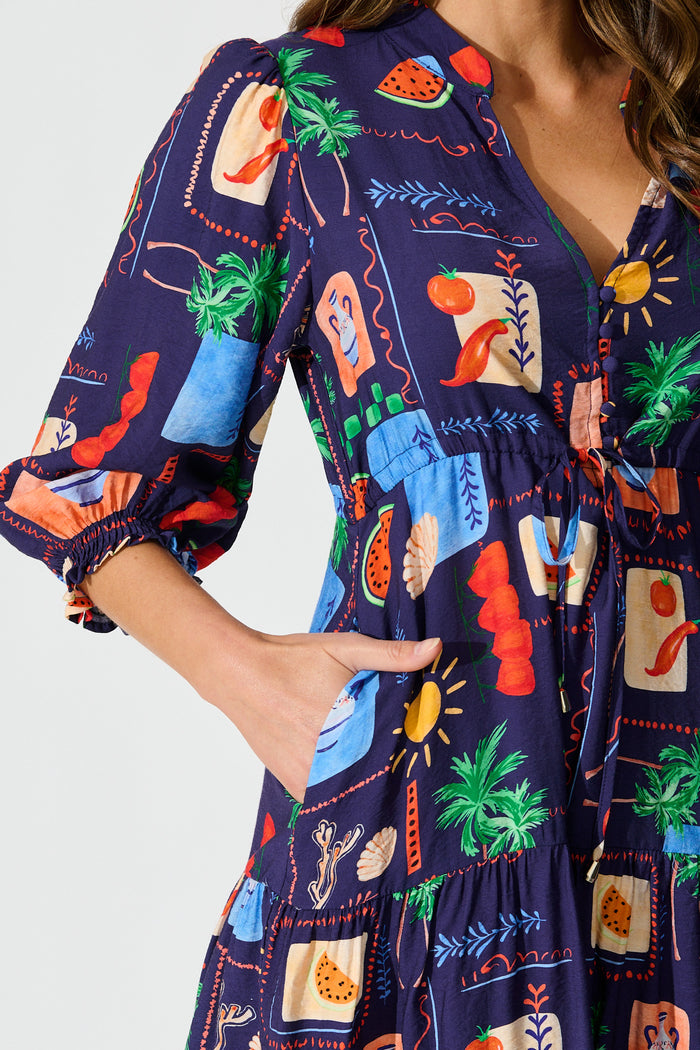 Louisana Midi Dress in Navy Multi Print detail