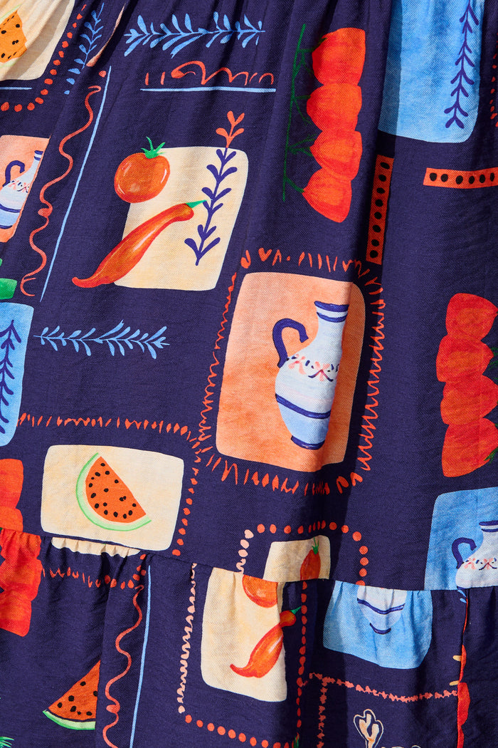 Louisana Midi Dress in Navy Multi Print fabric