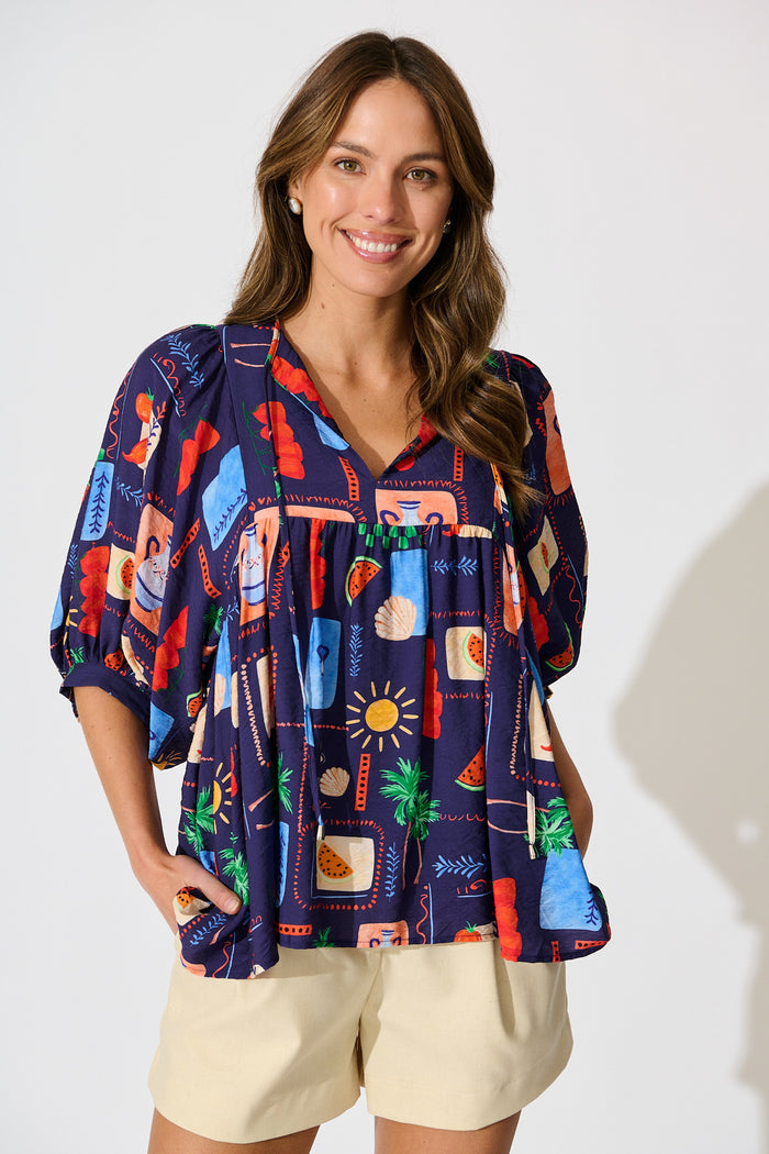 Suella Top in Navy Multi Print front
