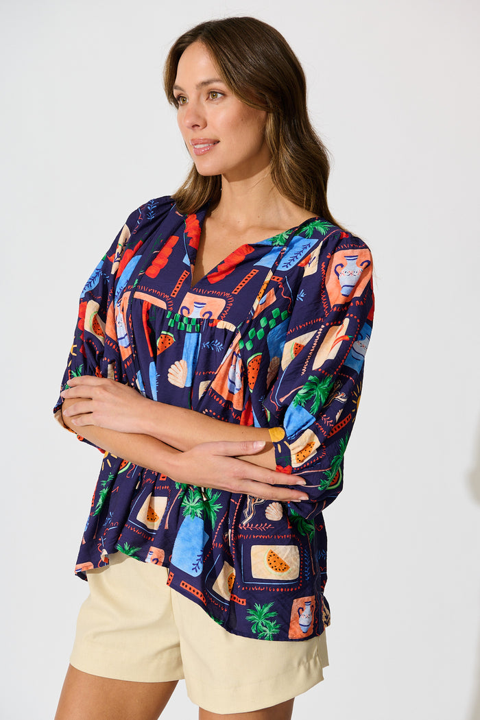 Suella Top in Navy Multi Print side