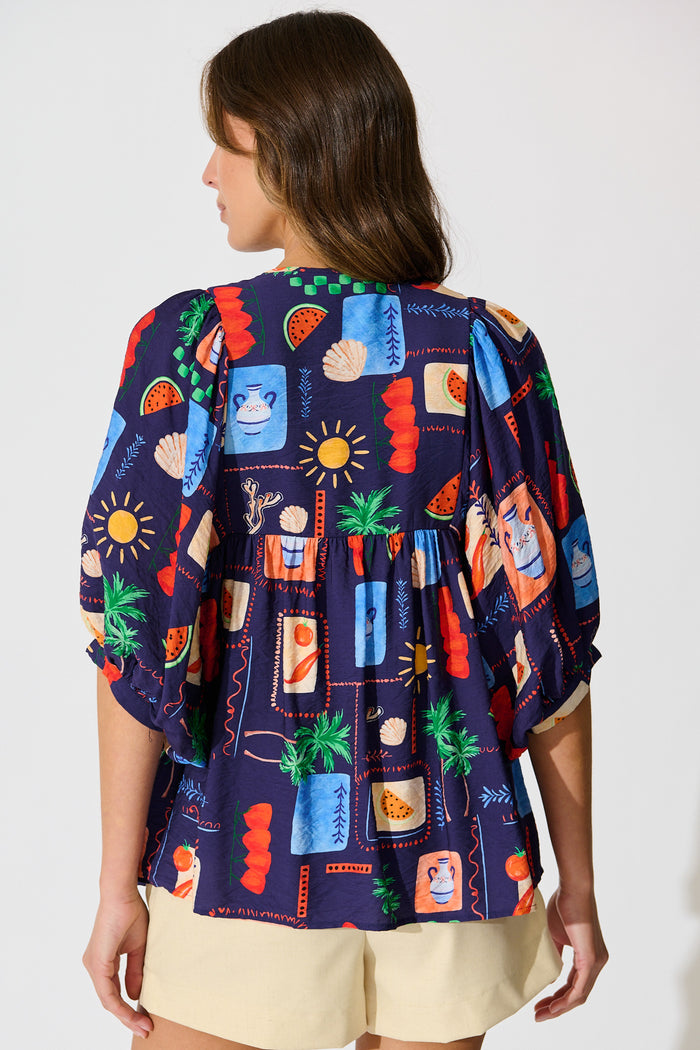 Suella Top in Navy Multi Print back