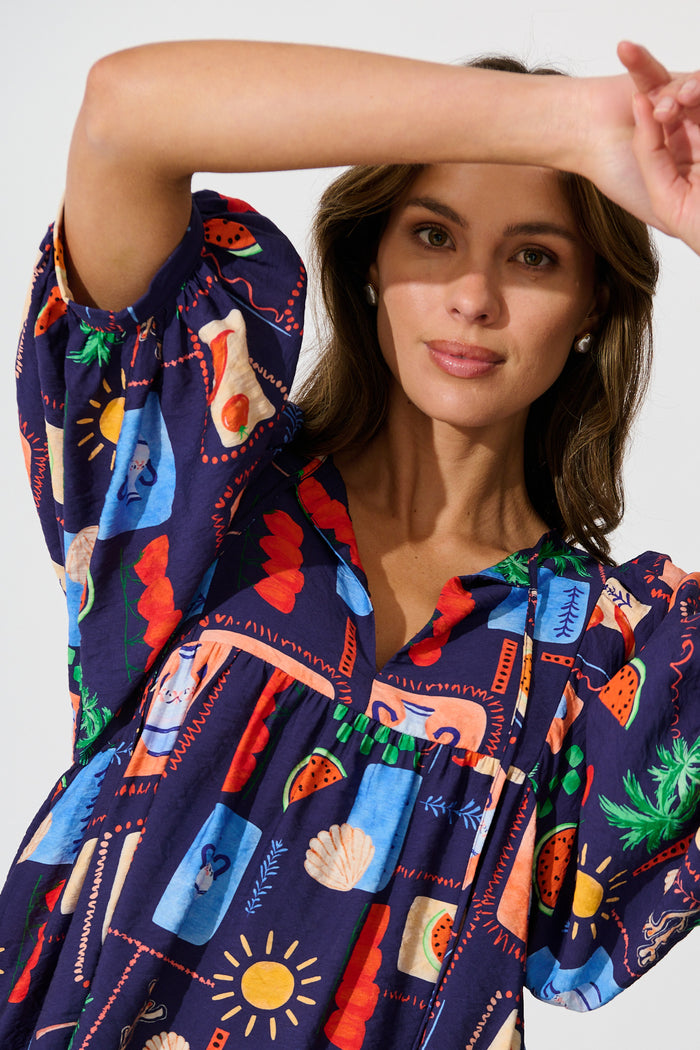 Suella Top in Navy Multi Print detail