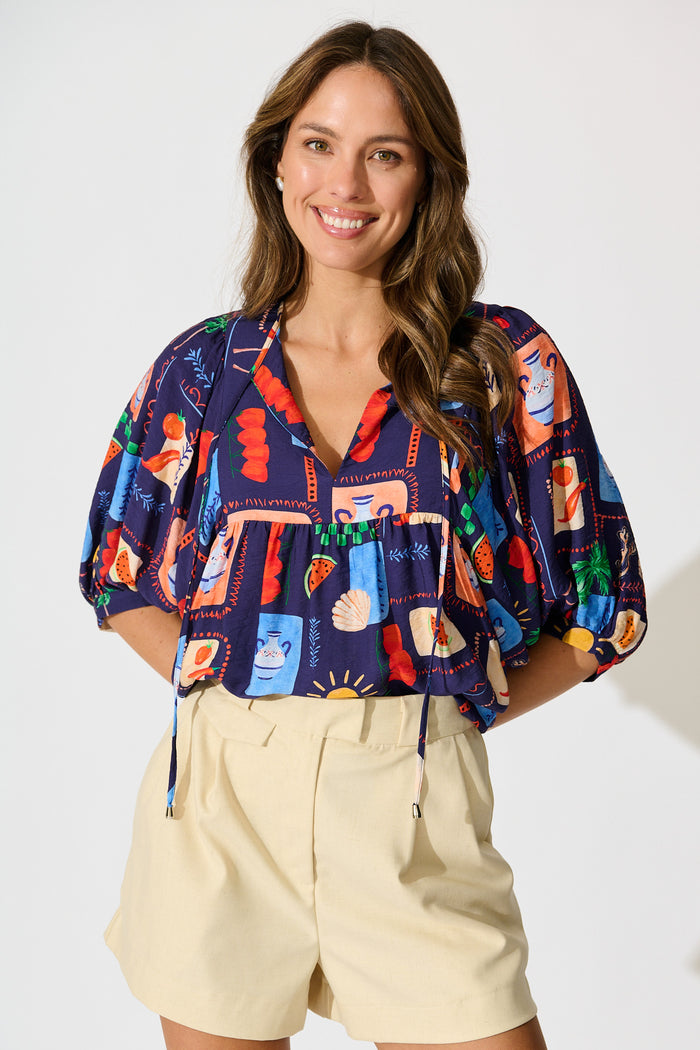 Suella Top in Navy Multi Print front