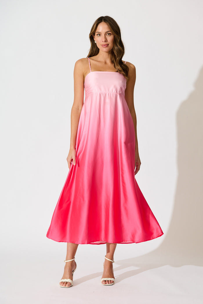 Ombre Muse Maxi Sundress in Pink Satin full length
