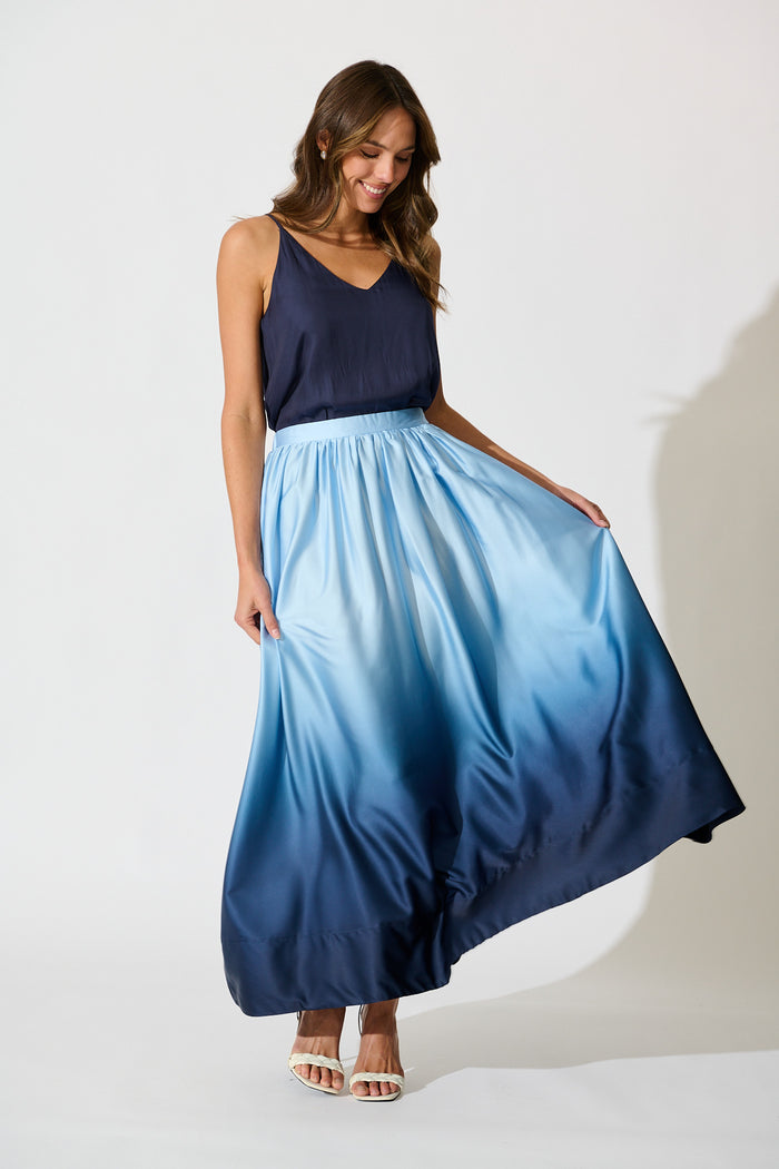Dip and Dusk Maxi Ombre Skirt in Blue Satin full length