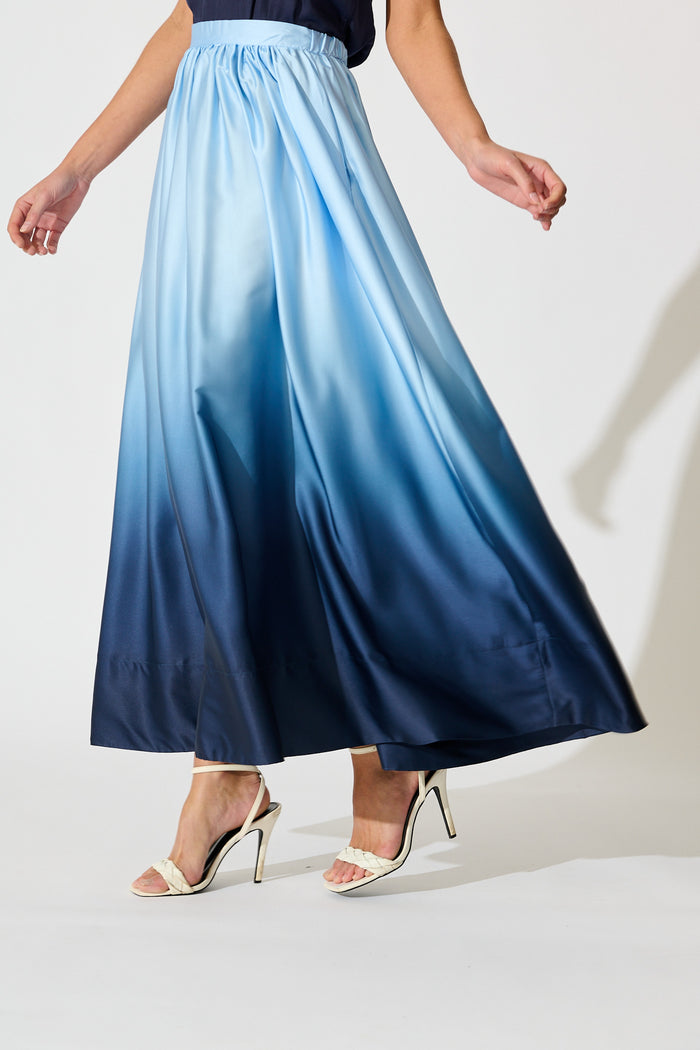 Dip and Dusk Maxi Ombre Skirt in Blue Satin side
