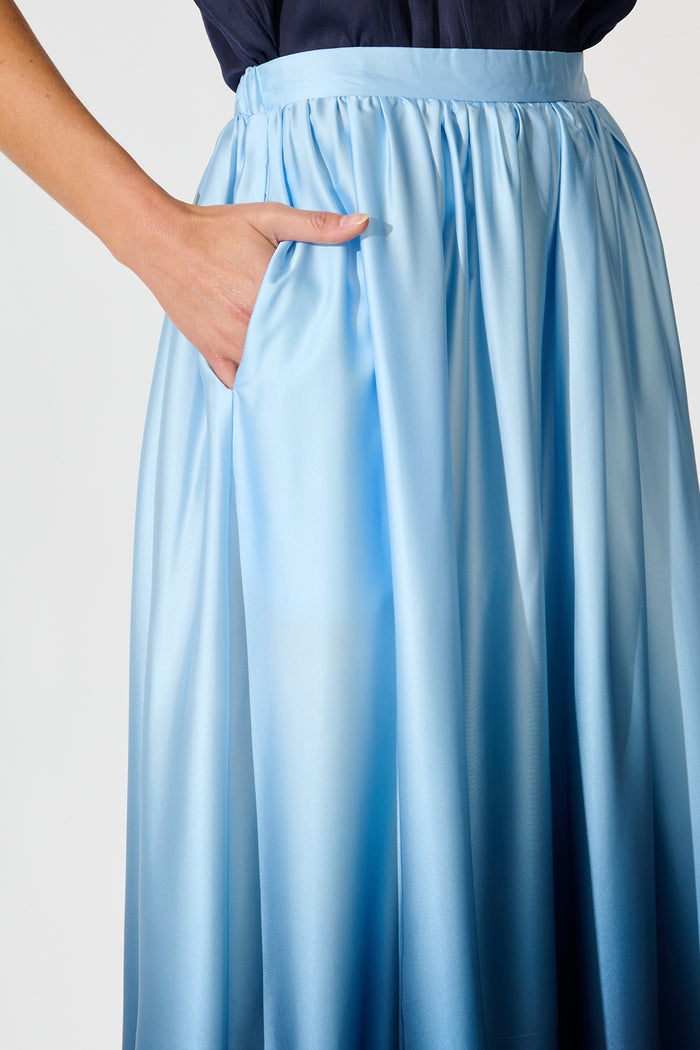 Dip and Dusk Maxi Ombre Skirt in Blue Satin detail