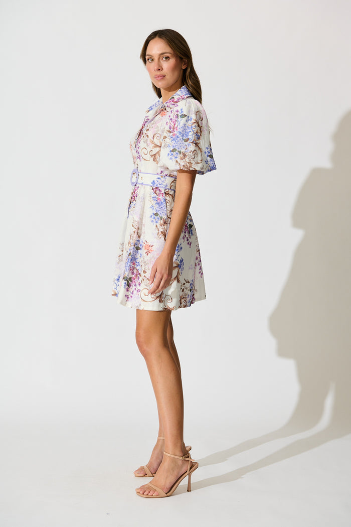 Narelle Shirt Dress in White Floral Linen Blend side