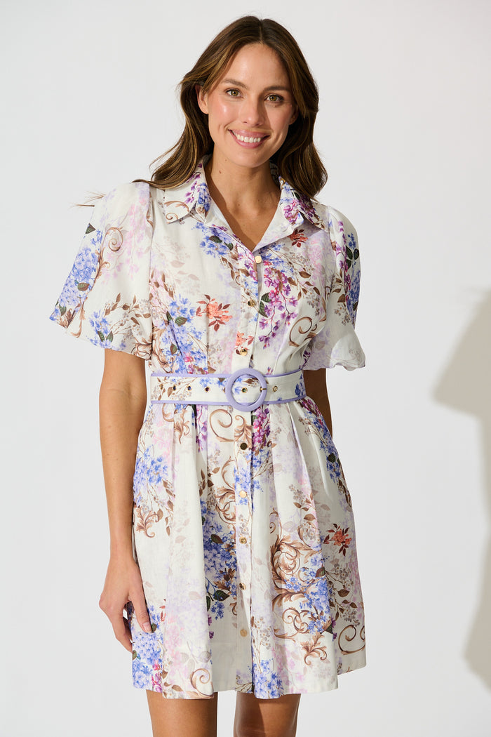Narelle Shirt Dress in White Floral Linen Blend front