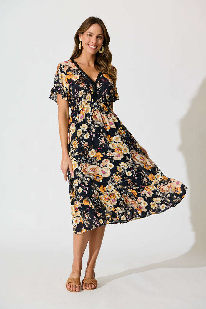 Zyla Midi Dress In Black Floral full length